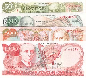 Costa Rica - 50, 100, 500, 1000 Colones - P-set - 1993, 2003 dated Foreign Paper Money